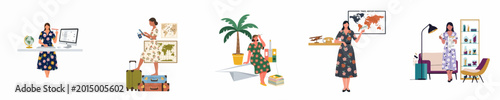 Set of flat vector illustrations featuring women planning, booking, and embarking on travel adventures with luggage, maps, and travel documents.