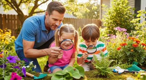 Celebrating father s day dad gardening with children in a vibrant backyard