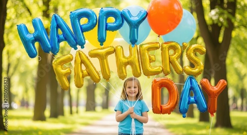 Happy father s day adorable girl with balloons celebrating dad s special day