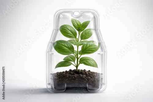 Young green seedling growing in clear plastic container symbolizing sustainability and protection