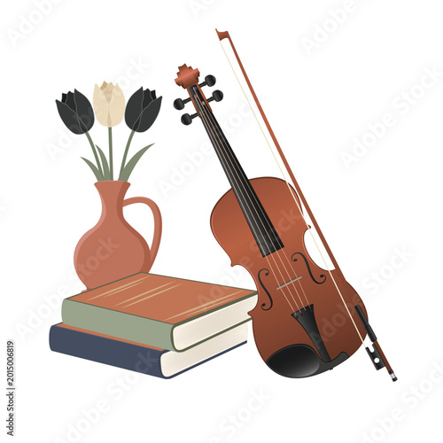 Violin with books and black and white tulips in clay vase vintage vector illustration
