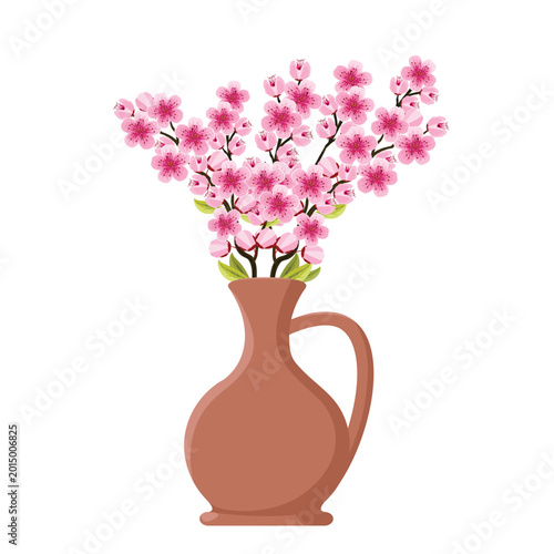Clay water pot with pink cherry blossom branch in spring floral arrangement vector illustration