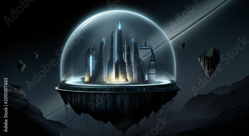 Floating futuristic smart city glowing glass dome dark planet.