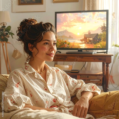 Woman relaxing on a couch, watching a serene sunset on TV