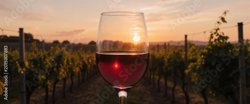 A glass of young red wine against the backdrop of sunset vineyards
