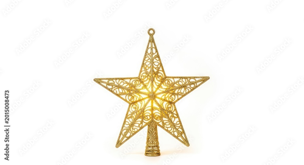 Fototapeta premium A shimmering golden star tree topper sits elegantly against a pure white background, showcasing its intricate glittery texture and glow, elegant, metallic, symbol