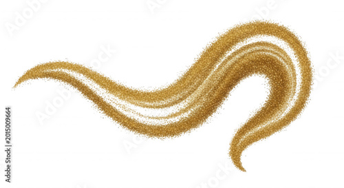 A curved, wavy shape made of golden glitter particles isolated on a solid black background, forming an abstract flowing ribbon pattern