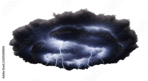 A dark, swirling storm cloud illuminated from within by multiple bright white lightning bolts against a solid black background