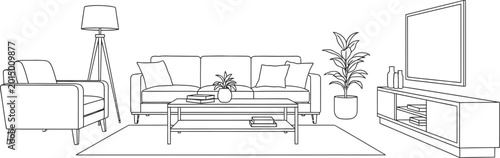 Line drawing of a modern living room with sofa, chair, coffee table, tv, and plants