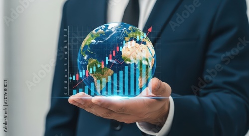 Businessman holds glowing Earth with financial graph symbolizing global business growth and economic strategy