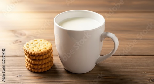 A white ceramic mug filled with fresh cold milk sits on a rustic wooden table next to a small stack of golden baked biscuits in soft light, ceramic, morning light, delicious