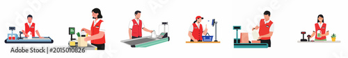 Fotografía Flat illustration set of supermarket cashiers in red vests working at checkout counters, scanning groceries and bagging items on a white background