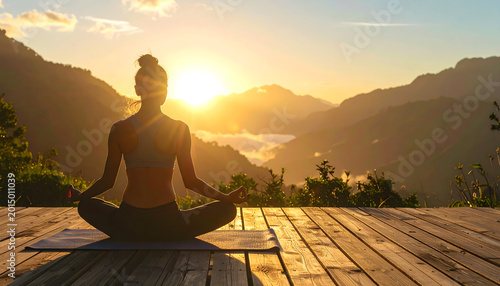 Yoga pose on a wooden deck surrounded by mountains as the rising sun creates a silhouette with calm spiritual natural lighting generative AI