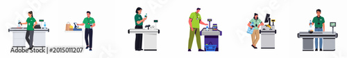 Collection of supermarket cashier characters in green uniforms working at checkout counters, vector illustration set isolated on white background.