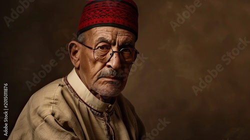 Portrait of a serious senior middle eastern or north african old man with deep wrinkles and gray mustache, wearing a red fez, round glasses and traditional clothing, set against a textured dark brown