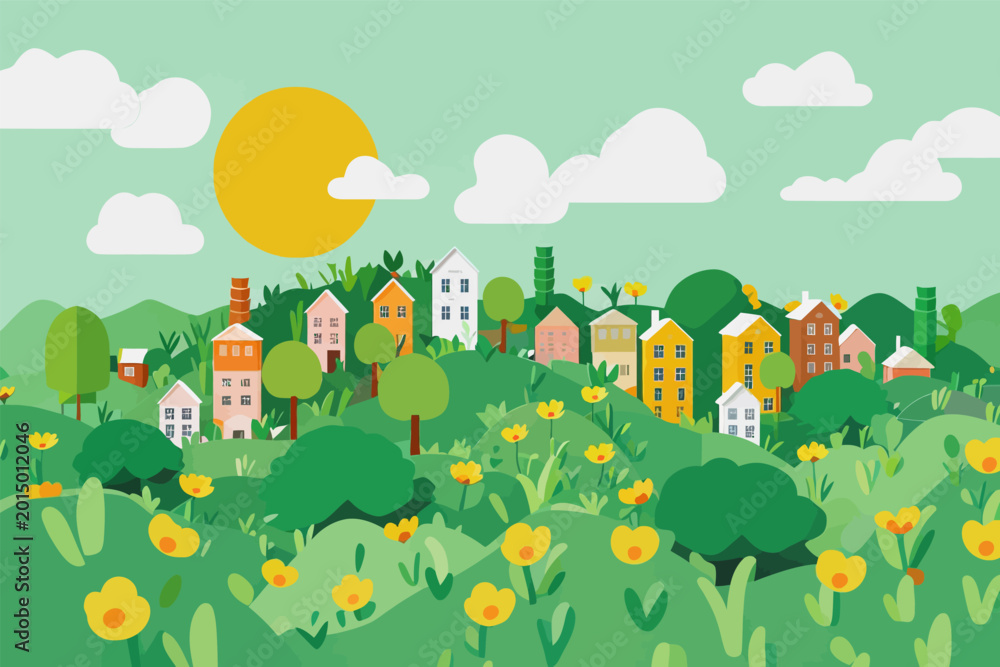 Fototapeta premium Cute Flat Design Cartoon Rural Town Landscape