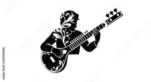 Musician plays a traditional stringed instrument with intricate floral patterns to celebrate cultural heritage and the artistic expression of melodic compositions in a stylized black graphic format.