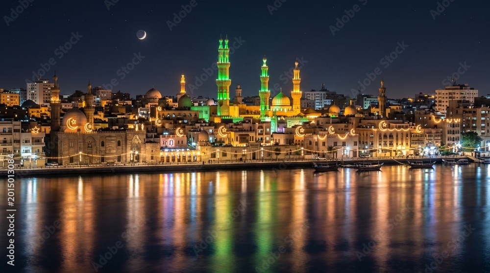 Obraz premium Beautiful illuminated cityscape at night with a mosque and reflections on the water