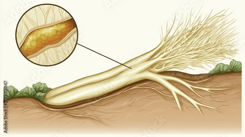 Illustration of a tuberous root structure with cross-sectional view showing internal anatomy
