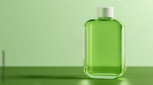 Clear glass bottle with green liquid on minimalist green background