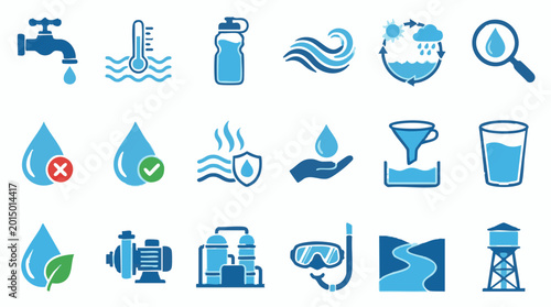 Billede på lærred Water icons collection: sustainability, quality, treatment, and usage
