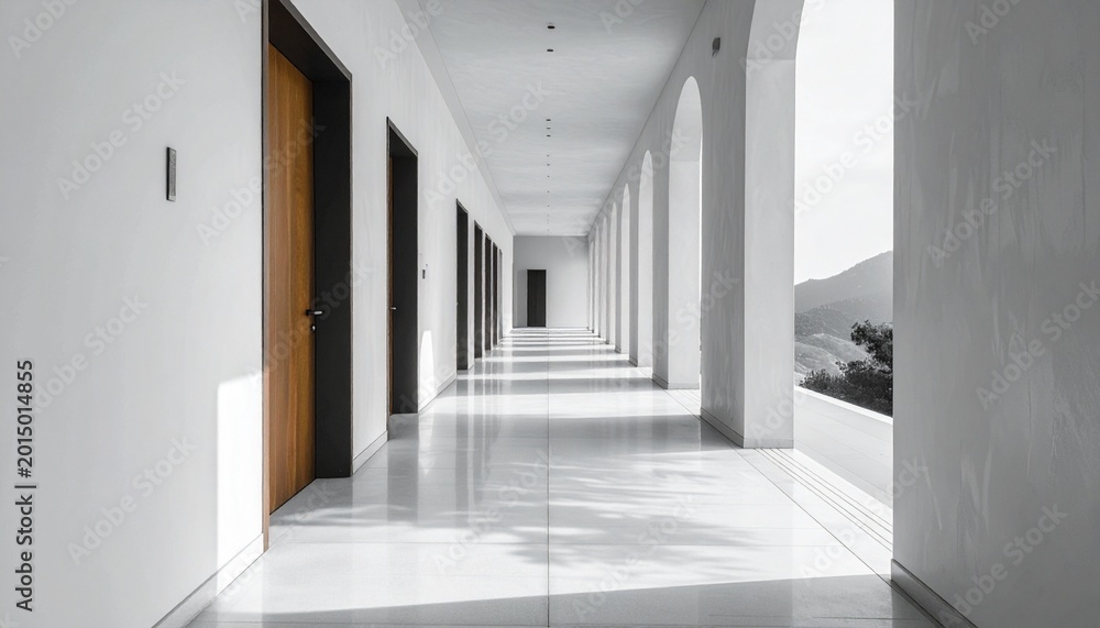 Fototapeta premium Modern white corridor with brown doors.
