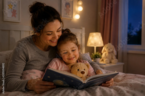 Mom and daughter reading bedtime stories for daughter