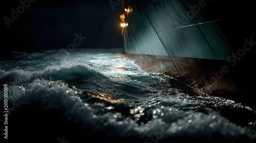 Night Photography of Cargo Ship Bow in Close-Up View with Waves