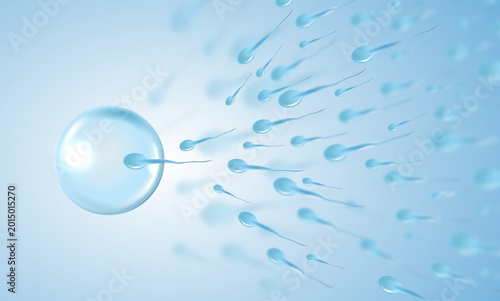 Fotografie 3D illustration of active human sperm cells swimming towards a female egg on light blue background