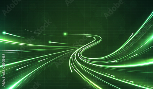 Abstract futuristic green light trails on dark hexagon grid background. High speed digital data flow, fiber optic network connection, cyberspace energy stream and modern technology concept design.