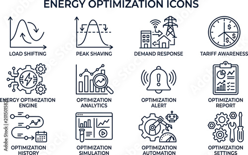 Set of energy optimization line icons for smart grid systems.