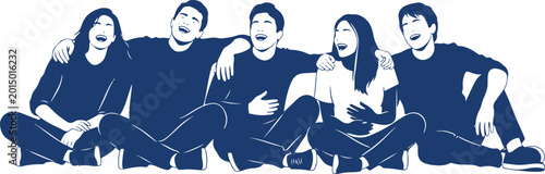 Konstfotografi Happy friends sitting on floor, arms around each other, laughing together in silhouette, group fun