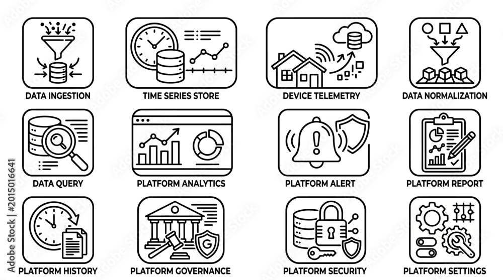 Fototapeta premium Set of line icons representing data platform processes and infrastructure features.