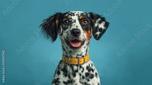 A Portrait of a Happy Spotted Dog Wearing a Bright Yellow Collar Against a Solid Blue Background