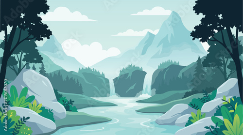Obraz na płótnie Mountain landscape with river and waterfall, colorful vector illustration