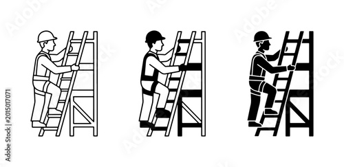 Construction Safety Icons: Worker Climbing Ladder with Harness, Vector Set
