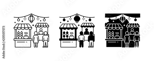 Street Food Stalls, Market Stands, Festival Booths, Outdoor Food Vendors, Vector Icons