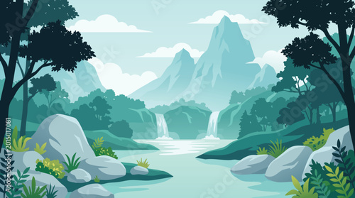Mountain landscape with waterfalls, stylized vector illustration