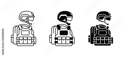 Konstfotografi Tactical Gear Icons, Military Vest and Helmet Set, Security Equipment