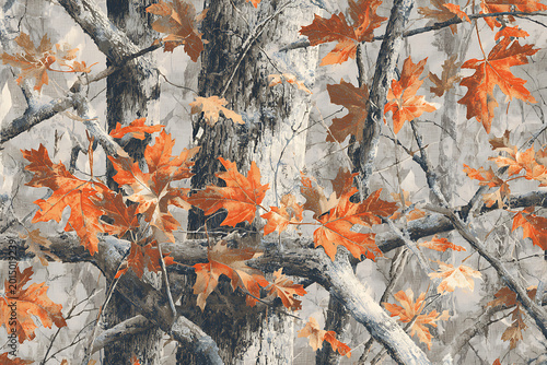 A realistic camouflage pattern with tree branches and leaves in the background, seamless repeating pattern