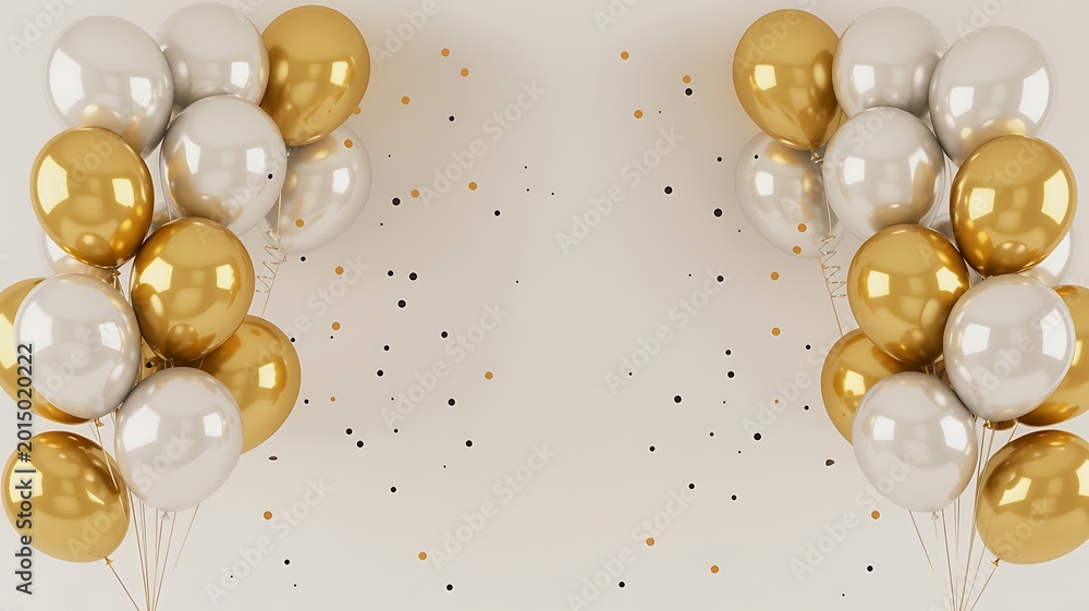 Fototapeta premium Golden and white foil balloons with confetti scattered around transparent background