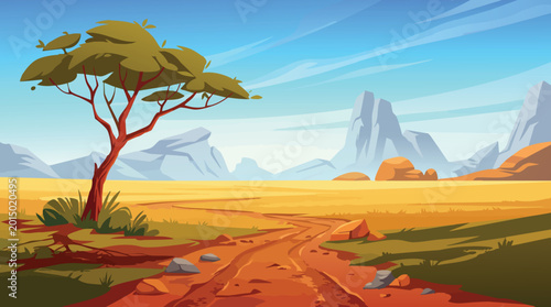 African savanna landscape with acacia tree and dirt road