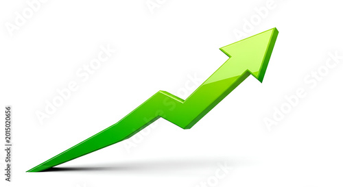 A green arrow rises upward in a business graph illustration.
