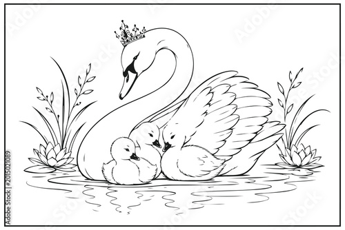 Schilderij op canvas Mother swan with two cygnets resting in calm water with plants Vector