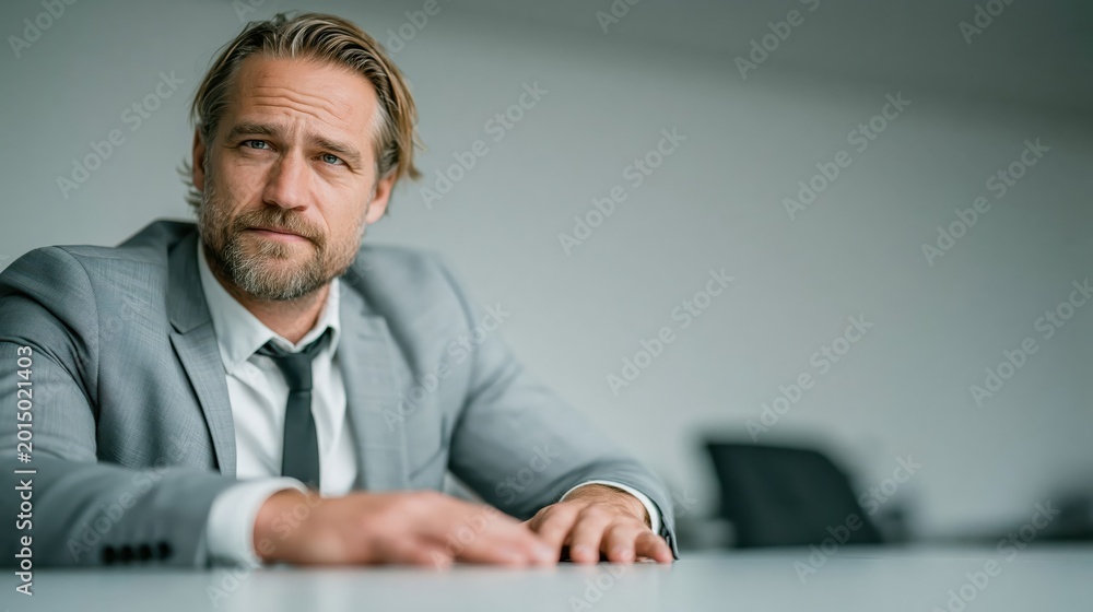 Fototapeta premium Confident Mid-Adult Caucasian Businessman Sitting at an Office Table Looking at the Camera Lens