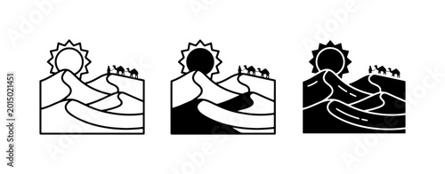 Foto Desert Caravan Icons: Camel Trek Through Sand Dunes Under Sun, Vector Set