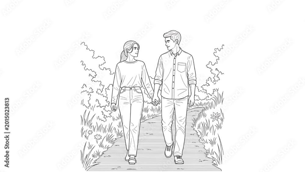 Obraz premium Couple walking hand in hand on 2D CAD designed pathway through garden