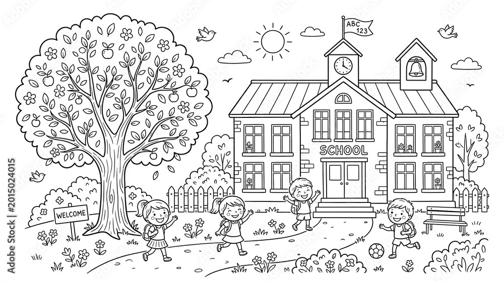 Fototapeta premium Whimsical illustration of a vibrant school environment with happy kids, perfect for a joyful educational coloring activity