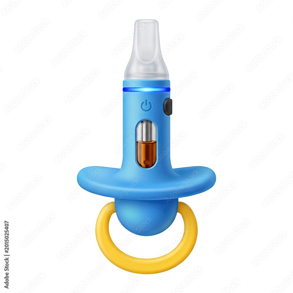 Fototapeta premium Electronic cigarette vape pen combined with a blue baby pacifier isolated on a white background