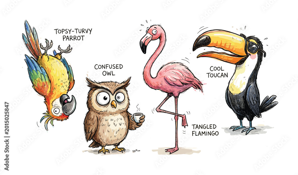 Naklejka premium Humorous cartoon illustration of four quirky birds with funny expressions and poses